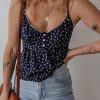 Women's Blue Floral Print Spaghetti Strap V Neck Tank Top with Button Detailing - Image 3