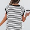 Women's Casual Black Stripe Round Neck Tank Top with Chest Pocket - Image 2