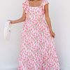 Women's Pink Floral Print Square Neck Ruffled Strap Maxi Dress for Summer - Image 3