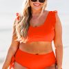 Women's Plus Size Orange Ruffled Trim Knotted High Waist Bikini Set - Image 12