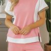 Women's Pink Textured Colorblock Patchwork Tee and High-Waist Shorts Set - Image 8