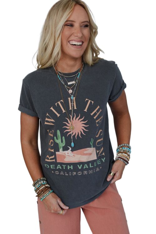 Women's Dark Grey 'RISE WITH THE SUN' Western Fashion Graphic Tee