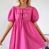 Bright Pink Puff Sleeve Tie Front High Waist Mini Dress for Women - Image 4