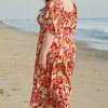 Women's Plus Size Orange Floral V Neck Flutter Sleeve Dress - Cinched Waist for Flattering Fit - Image 2