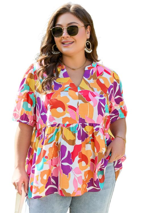 Women's Plus Size Pink Floral Print V Neck Fit and Flare Blouse for Summer