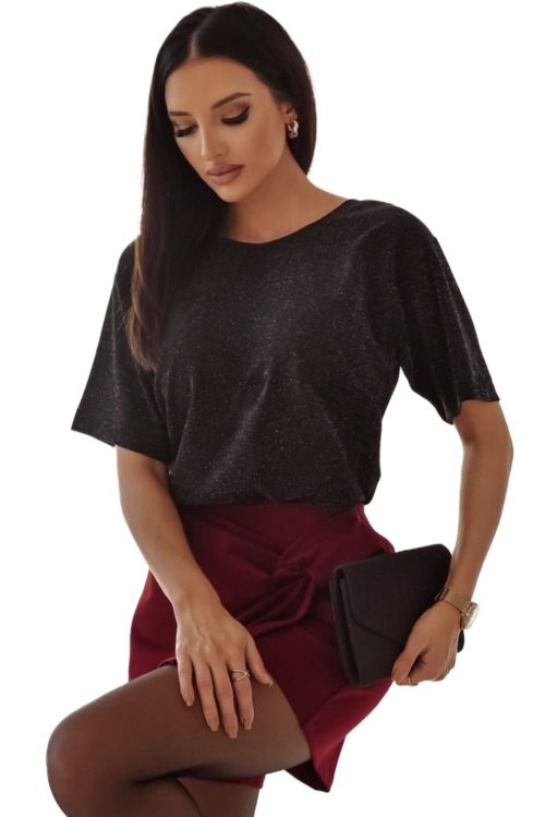 Women's Elegant Black Bow Decor Glittery Short Sleeve Top