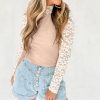 Women's Smoke Gray Floral Lace Patchwork Long Sleeve High Neck Slim Top - Image 6