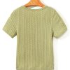 Women's Spinach Green Textured Knit Slim Fit Notch V Neck T-Shirt - Elegant Casual Style - Image 8