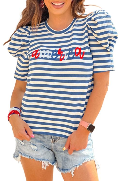 Women's Blue Stripe America Cursive Graphic Puff Sleeve T-Shirt