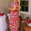 Women's Plus Size Pink Floral Print V Neck Pocketed High Waist Midi Dress - Image 13