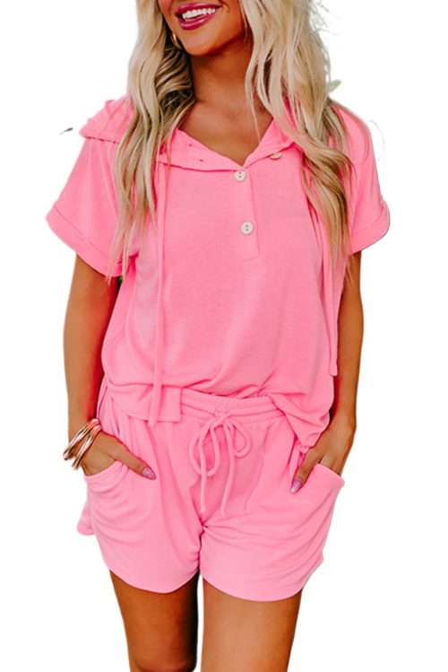 Women's Peach Blossom Hooded Short Sleeve Henley Top and Shorts Set - Casual Summer Outfit