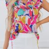 Women's Pink Abstract Printed Ruffled Flutter Sleeve Tied Split V Neck Blouse - Image 9