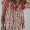 Chic Women's Red Printed Tie Neck Blouse with Embroidery Detail - Image 10