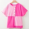 Bright Pink Colorblock Patchwork Plus Size Henley Top with Short Sleeves - Image 3