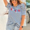 Women's Blue Stripe America Cursive Graphic Puff Sleeve T-Shirt - Image 2