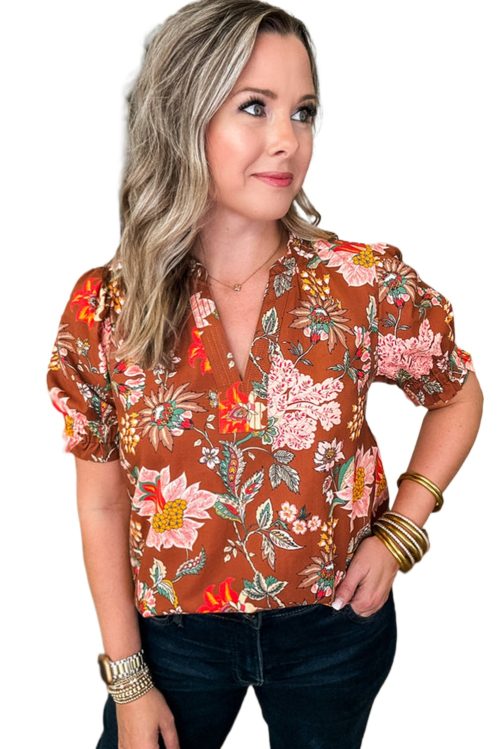 Women's Plus Size Brown Floral V Neck Blouse with Frilled Trim and Puff Short Sleeves