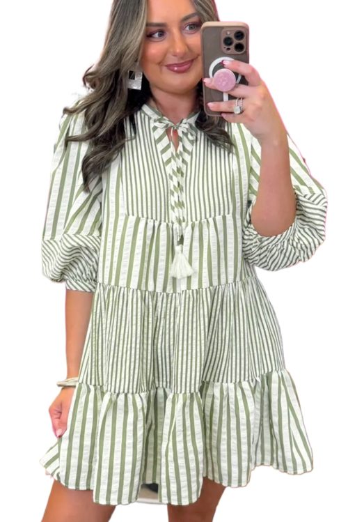 Women's Plus Size Green Stripe Bracelet Sleeve Tasseled Tied Neck Mini Dress