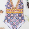 Women's Yellow Floral Print V Neck One Piece Swimsuit - Bohemian Style Monokini - Image 13