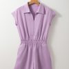 Women's Orchid Bouquet Short Sleeve Zipper Collared Romper - Elastic High Waist Design - Image 4