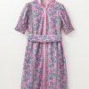 Women's Pink Floral Shirred Puff Sleeve Midi Dress with Sash - Bohemian Style - Image 3