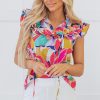 Women's Pink Abstract Printed Ruffled Flutter Sleeve Tied Split V Neck Blouse - Image 5