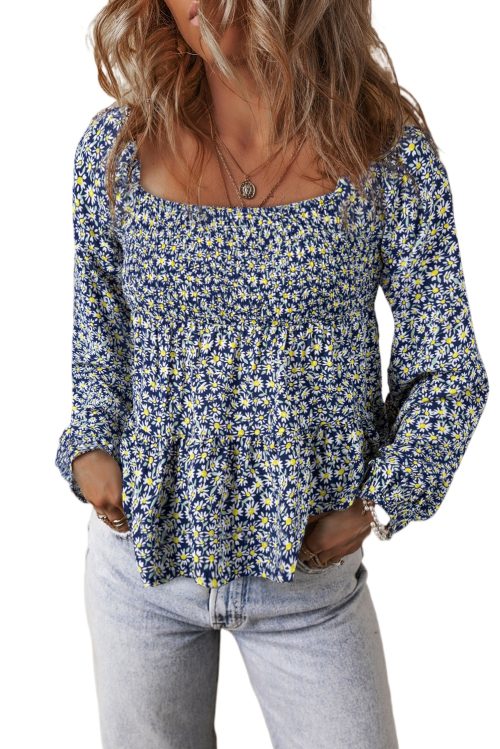 Women's Blue Boho Floral Print Smocked Square Neck Long Sleeve Blouse