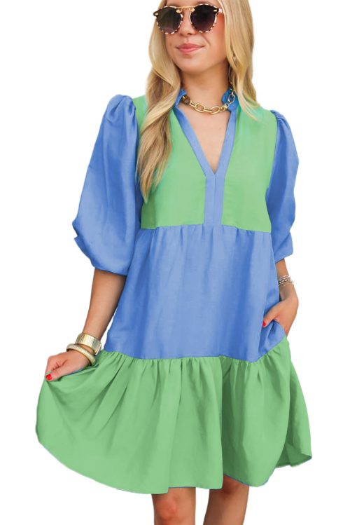 Women's Dark Blue Colorblock Frilled V Neck Puff Half Sleeve Shift Dress