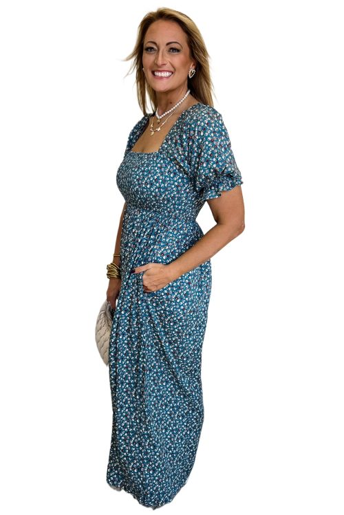 Women's Blue Vintage Boho Floral Smocked Wide Leg Jumpsuit with Puff Sleeves