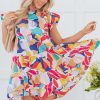 Women's Pink Abstract Printed Ruffled Flutter Sleeve Tiered Mini Dress - Image 3