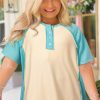 Plus Size Mint Green Color Block Raglan Sleeve Buttoned T-Shirt for Women - Image 11