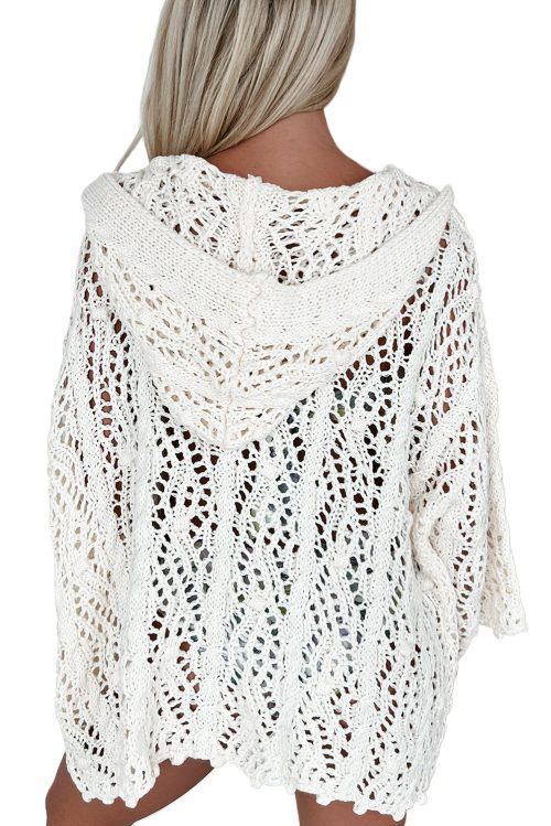 Women's Stylish White Open Knit Hooded Beach Cover Up - Versatile Casual Top