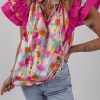 Women's Pink Floral Layered Ruffle Flutter Sleeve Tie V Neck Blouse - Elegant Spring Style - Image 3