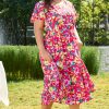 Women's Plus Size Pink Floral Print V Neck Pocketed High Waist Midi Dress - Image 6