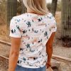 Women's Beige Western Cactus Print Crew Neck Short Sleeve Top - Image 2