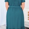 Plus Size Skobeloff Frilled U Neck Puff Sleeve Belted Ruffle Hem Midi Dress - Image 2