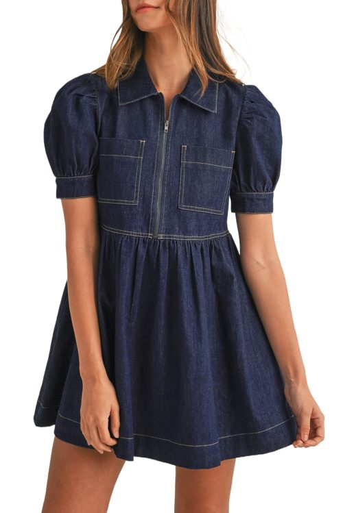 Women's Dirty Blue Zipped Bodice Collared Mini Denim Dress with Puff Sleeves