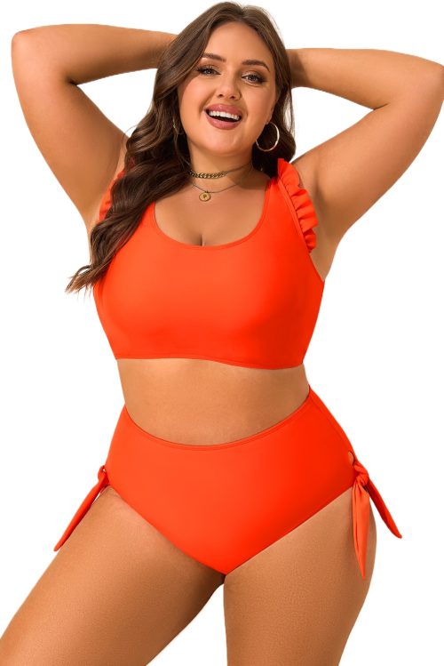 Women's Plus Size Orange Ruffled Trim Knotted High Waist Bikini Set