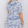 Plus Size Sky Blue Floral Print Mini Dress with Collared V Neck and Ric-Rac Trim - Image 2