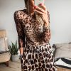 Women's Brown Leopard Print Round Neck Long Sleeve Slim Fit Top - Image 5