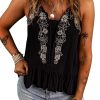 Women's Black Floral Embroidery Ruffled Spaghetti Straps Tank Top - Elegant V Neck Design - Image 7