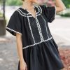 Women's Black Contrast Ricrac Trim Short Sleeve V Neck Mini Dress - Chic Summer Style - Image 3