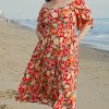 Women's Plus Size Orange Floral V Neck Flutter Sleeve Dress - Cinched Waist for Flattering Fit - Image 6