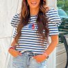 Women's Blue Stripe America Cursive Graphic Puff Sleeve T-Shirt - Image 3