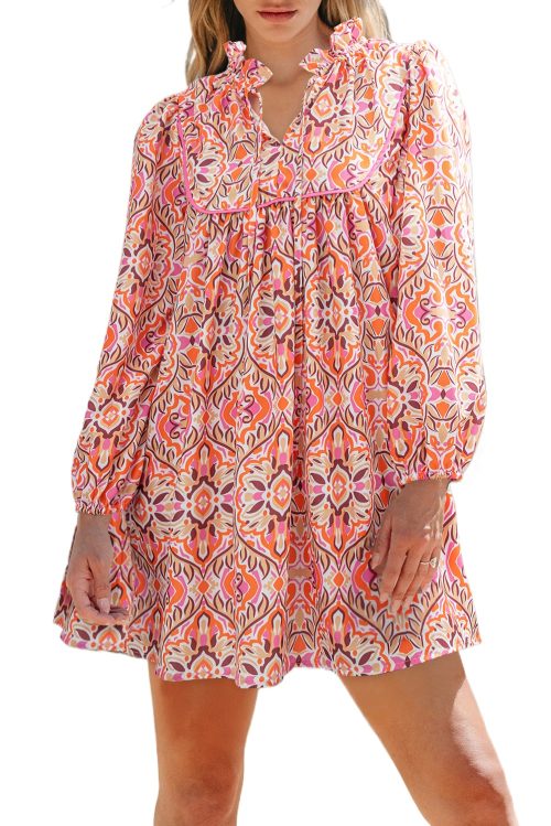 Women's Khaki Abstract Printed Long Sleeve Mini Dress with Tied Neckline