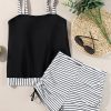 Women's Black Striped Patchwork Tankini Set with Side Drawstring Bottoms - Image 5