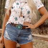 Women's Beige Western Cactus Print Crew Neck Short Sleeve Top - Image 9