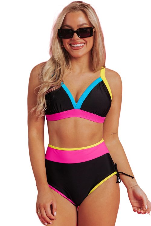 Women's Black Color Block Drawstring Side V Neck High Waist Bikini Set