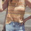 Women's Brown Stripe Eyelet Crochet Sleeveless Round Neck Sweater Vest - Image 3