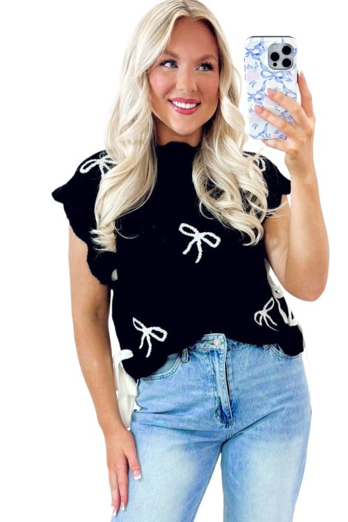 Women's Black Bow Print Scalloped Hem Short Sleeve Sweater T-Shirt