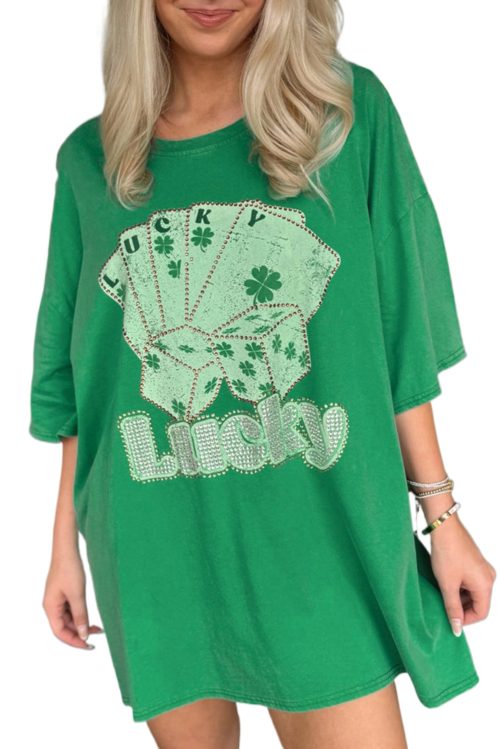 Bright Green Rhinestone Lucky Poker Cards Oversized T-Shirt Mini Dress